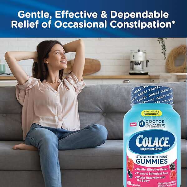 Colace Stool Softener Gummies, Berry Flavored, 60 Count, Gentle, Dependable Constipation Relief, Magnesium Citrate, No.1 Doctor Recommended Stool Softener Brand - Image 4