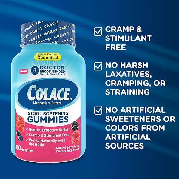 Colace Stool Softener Gummies, Berry Flavored, 60 Count, Gentle, Dependable Constipation Relief, Magnesium Citrate, No.1 Doctor Recommended Stool Softener Brand - Image 6