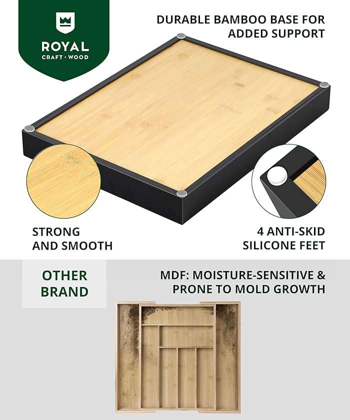 ROYAL CRAFT WOOD Luxury Bamboo Kitchen Drawer Organizer - Silverware Organizer - Utensil Holder and Cutlery Tray with Grooved Drawer Dividers for Flatware and Kitchen Utensils (7 Slot) - Image 5