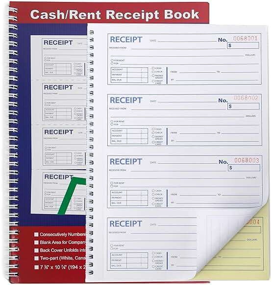 Money and Rent Receipt Book 2-Part Carbonless 7-5/8" x 11" Spiral Bound 200 Sets per Book 4 Receipts per Page(1pack) - Image 1