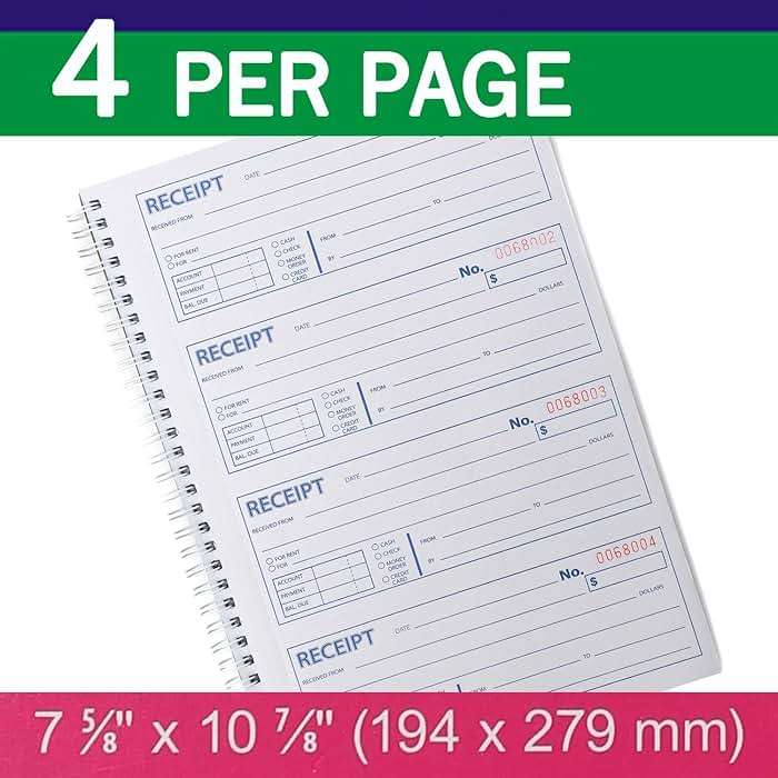 Money and Rent Receipt Book 2-Part Carbonless 7-5/8" x 11" Spiral Bound 200 Sets per Book 4 Receipts per Page(1pack) - Image 3