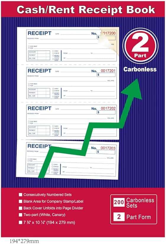 Money and Rent Receipt Book 2-Part Carbonless 7-5/8" x 11" Spiral Bound 200 Sets per Book 4 Receipts per Page(1pack) - Image 7