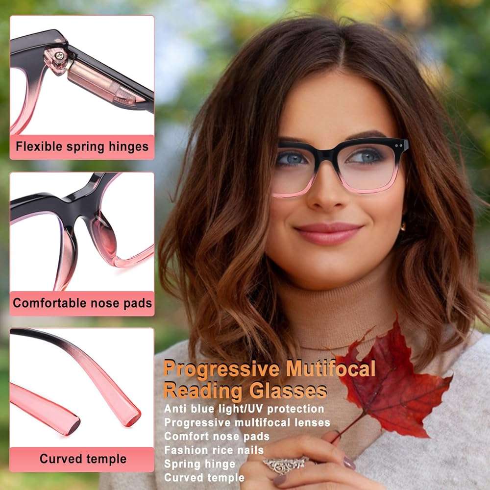 CHOFILORD Progressive Multifocus Reading Glasses for Women Men Blue Light Blocking Spring Hinge Square Computer Readers - Image 5