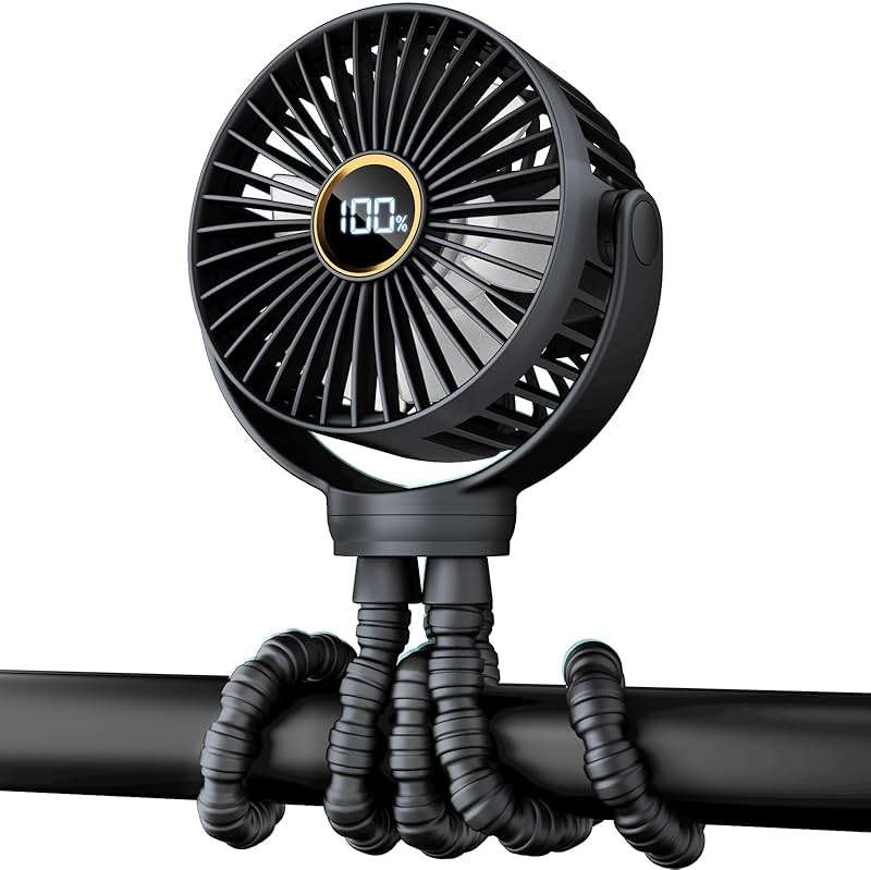 Portable Stroller Mini Fan, Small Rechargeable Personal Fan, Baby Travel Essentials for Wagon, Car Seat, Treadmill, Battery Powered Biking Gear Accessories, 360° Rotation, 3-Speed, Display, Black - Image 1