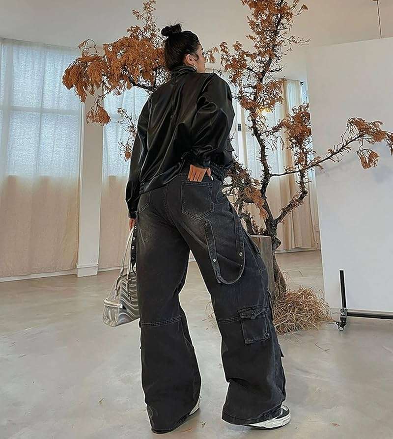 Hugboom Baggy Cargo Pants for Men Women Wide Leg Jeans Y2k Hip Hop High Waisted Pants Casual Streetwear Grunge Clothes Black - Image 5