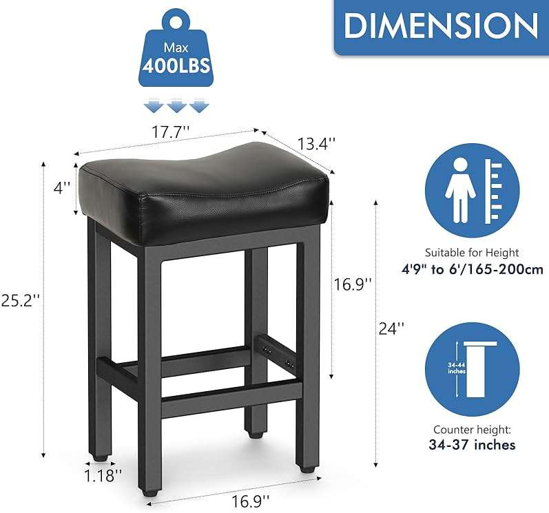Raynesys Counter Height Bar Stools Set of 2, 24 Inch Barstools for Kitchen Island Counter, Bonded Leather Kitchen Stools with Thick Saddle Seats & Heavy Duty Metal Base, Easy Assembly, All Black - Image 2