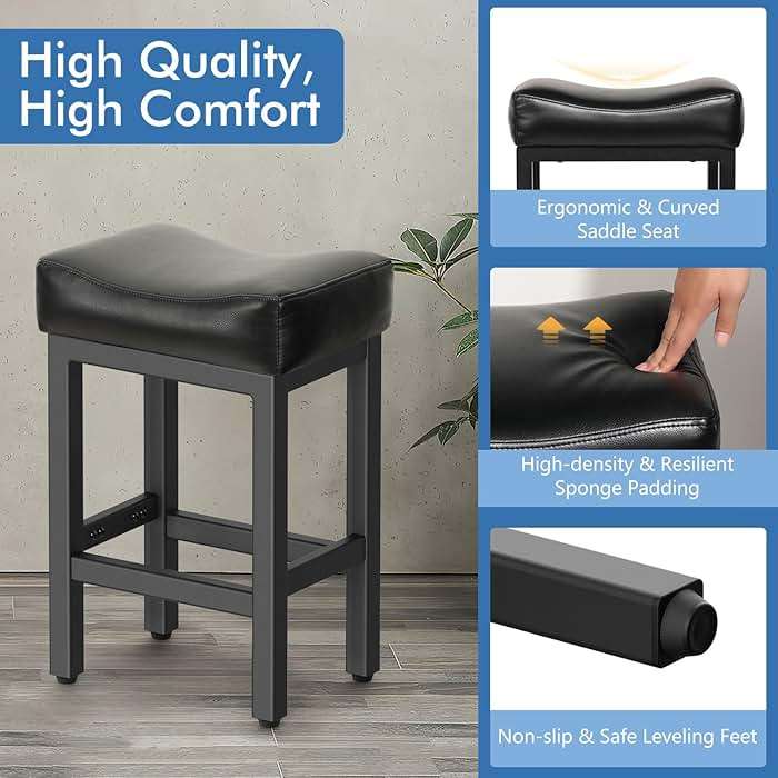 Raynesys Counter Height Bar Stools Set of 2, 24 Inch Barstools for Kitchen Island Counter, Bonded Leather Kitchen Stools with Thick Saddle Seats & Heavy Duty Metal Base, Easy Assembly, All Black - Image 3