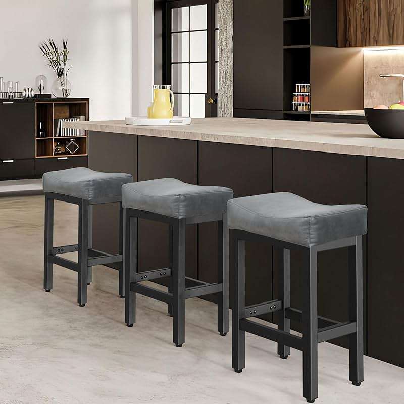 Raynesys Counter Height Bar Stools Set of 2, 24 Inch Barstools for Kitchen Island Counter, Bonded Leather Kitchen Stools with Thick Saddle Seats & Heavy Duty Metal Base, Easy Assembly, All Black - Image 8