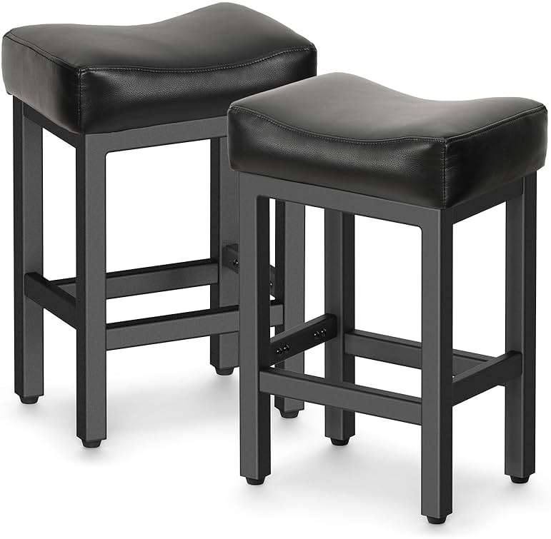 Raynesys Counter Height Bar Stools Set of 2, 24 Inch Barstools for Kitchen Island Counter, Bonded Leather Kitchen Stools with Thick Saddle Seats & Heavy Duty Metal Base, Easy Assembly, All Black - Image 9