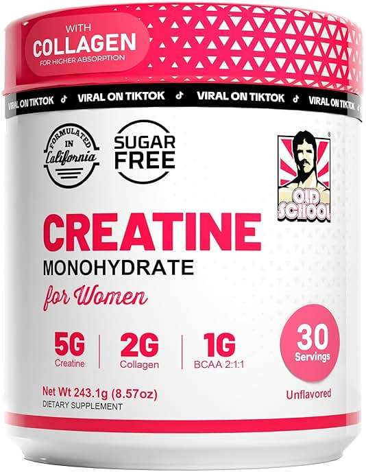 Old School Labs Creatine for Women – Post-Workout Supplement with 5000mg Creatine Monohydrate Powder, 2000mg Collagen & BCAA 2:1:1 for Strength Support & Recovery – Unflavored - 8.57 Ounce (Pack of 1) - Image 1