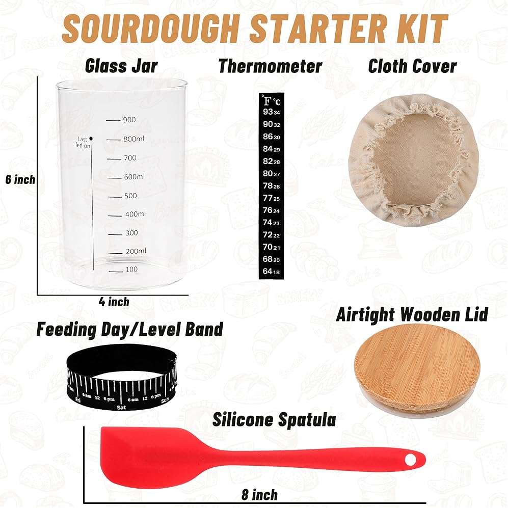 Xileanalee Pro Sourdough Starter Jar Kit- 35 Oz Large Sourdough Starter Glass Jar with Date Marked Feeding Band,Thermometer,Spatula,Cloth Cover& Lid for Sour Dough Bread Loaf - Image 3