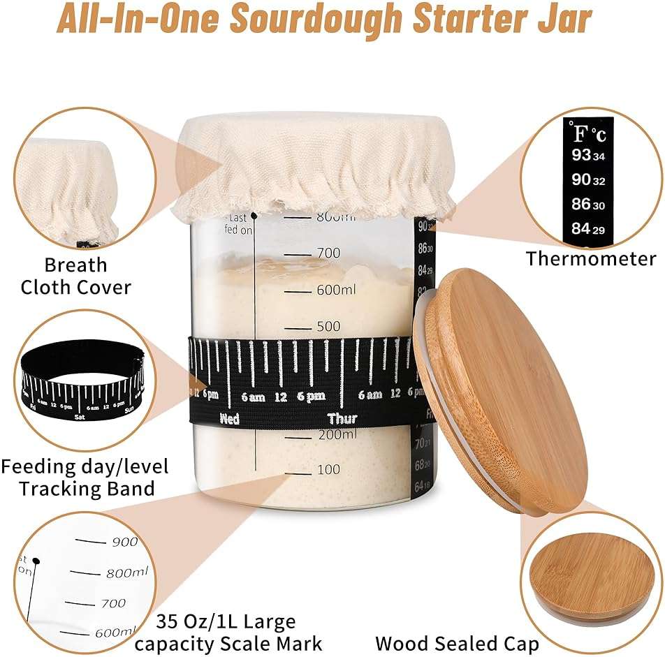Xileanalee Pro Sourdough Starter Jar Kit- 35 Oz Large Sourdough Starter Glass Jar with Date Marked Feeding Band,Thermometer,Spatula,Cloth Cover& Lid for Sour Dough Bread Loaf - Image 4