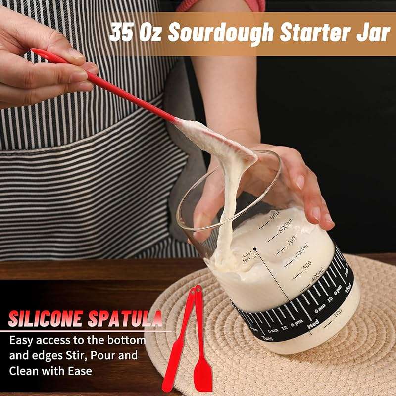 Xileanalee Pro Sourdough Starter Jar Kit- 35 Oz Large Sourdough Starter Glass Jar with Date Marked Feeding Band,Thermometer,Spatula,Cloth Cover& Lid for Sour Dough Bread Loaf - Image 5