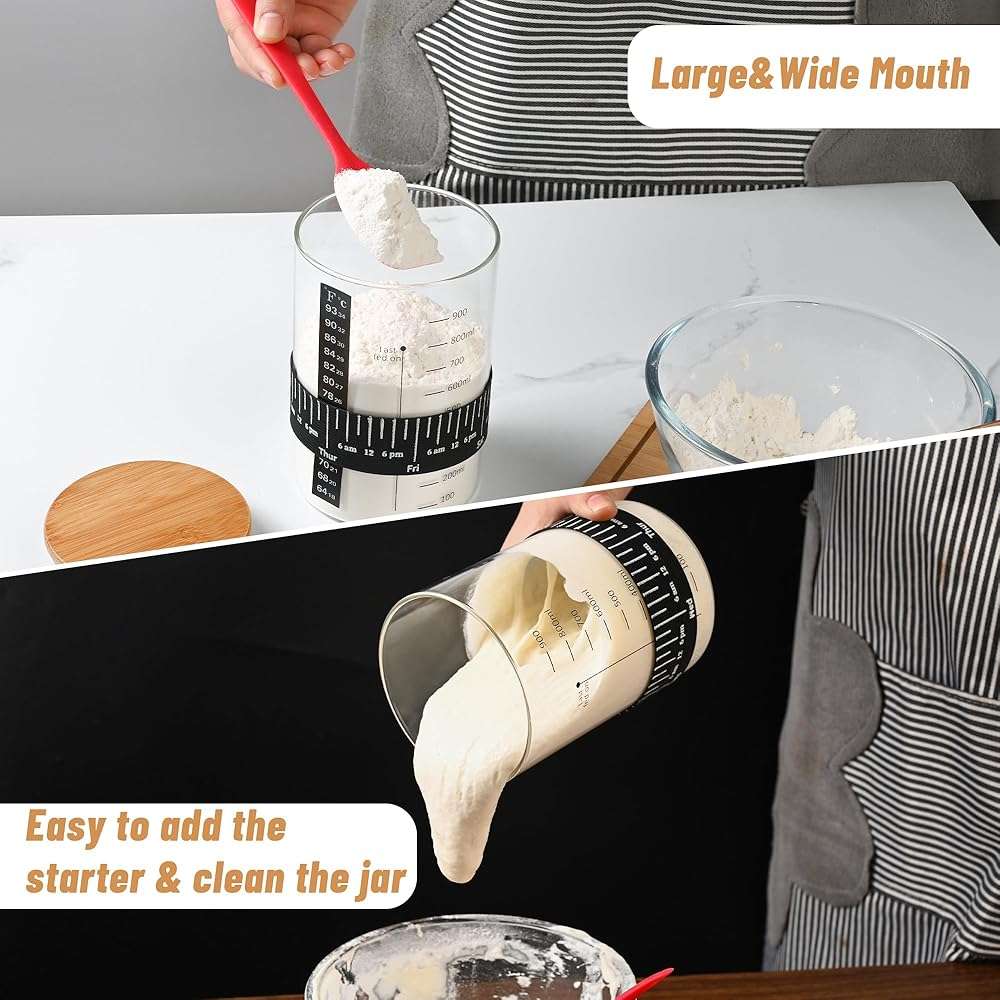 Xileanalee Pro Sourdough Starter Jar Kit- 35 Oz Large Sourdough Starter Glass Jar with Date Marked Feeding Band,Thermometer,Spatula,Cloth Cover& Lid for Sour Dough Bread Loaf - Image 6