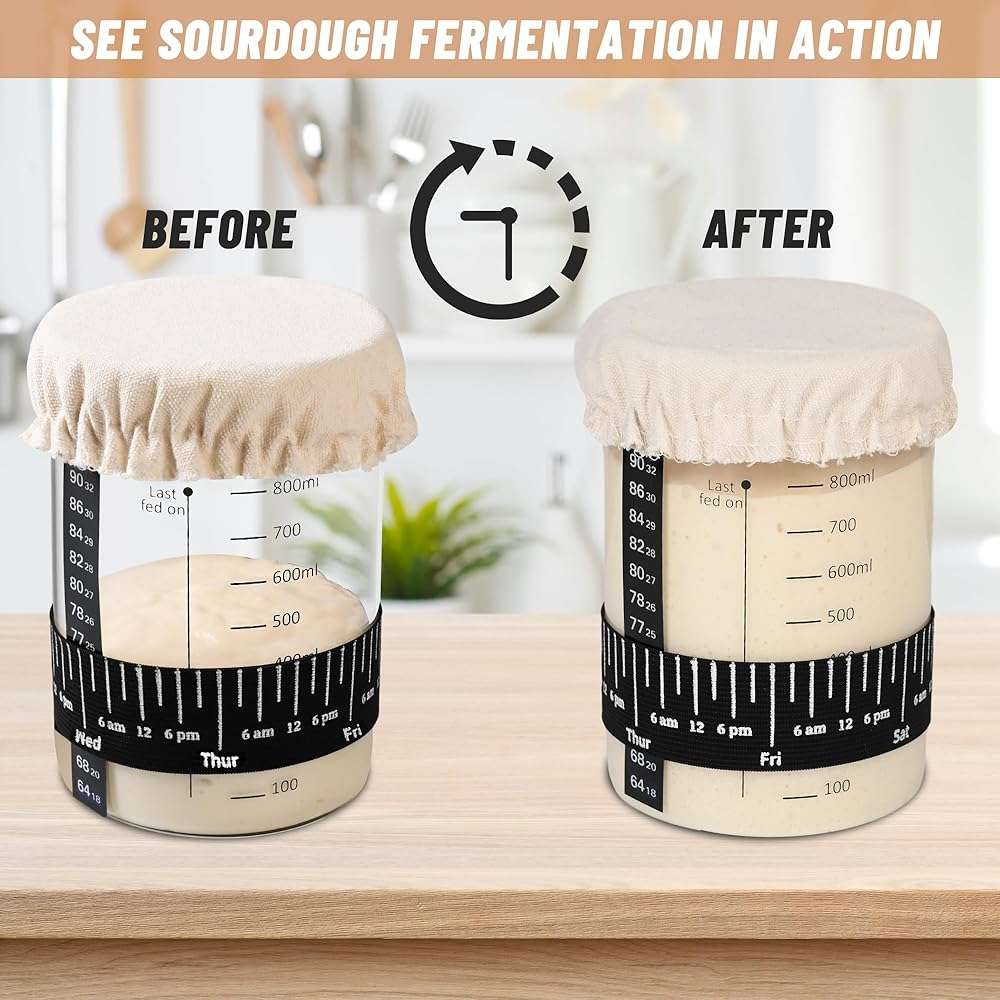 Xileanalee Pro Sourdough Starter Jar Kit- 35 Oz Large Sourdough Starter Glass Jar with Date Marked Feeding Band,Thermometer,Spatula,Cloth Cover& Lid for Sour Dough Bread Loaf - Image 7