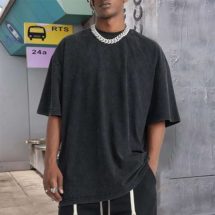 Bobeutou Oversized Vintage Acid Wash Tshirt for Men Cotton Solid T Shirt Streetwear Basic Tees Casual Baggy Loose Shirts Tops - Image 2