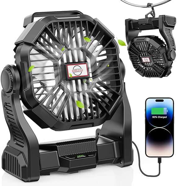 DOWILLDO 15000mAh Portable Battery Powered Camping Fan - with LED Light, Quiet Battery Operated, Camping Gear for Travel, Tent, Beach, Car or Hurricane Power Outages，Black - Image 1