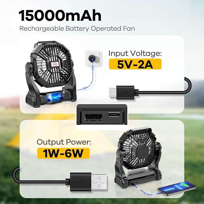 DOWILLDO 15000mAh Portable Battery Powered Camping Fan - with LED Light, Quiet Battery Operated, Camping Gear for Travel, Tent, Beach, Car or Hurricane Power Outages，Black - Image 3