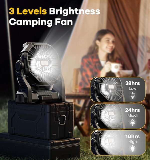 DOWILLDO 15000mAh Portable Battery Powered Camping Fan - with LED Light, Quiet Battery Operated, Camping Gear for Travel, Tent, Beach, Car or Hurricane Power Outages，Black - Image 4