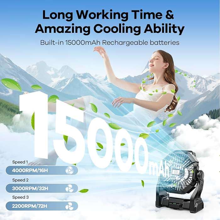 DOWILLDO 15000mAh Portable Battery Powered Camping Fan - with LED Light, Quiet Battery Operated, Camping Gear for Travel, Tent, Beach, Car or Hurricane Power Outages，Black - Image 5