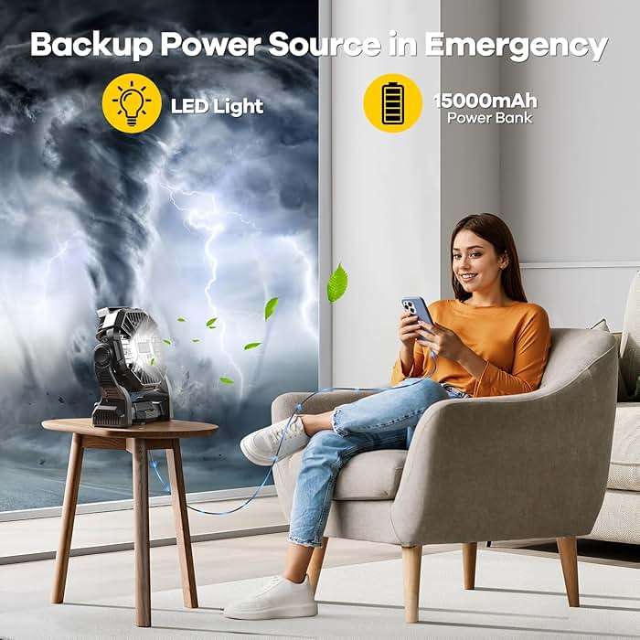 DOWILLDO 15000mAh Portable Battery Powered Camping Fan - with LED Light, Quiet Battery Operated, Camping Gear for Travel, Tent, Beach, Car or Hurricane Power Outages，Black - Image 6