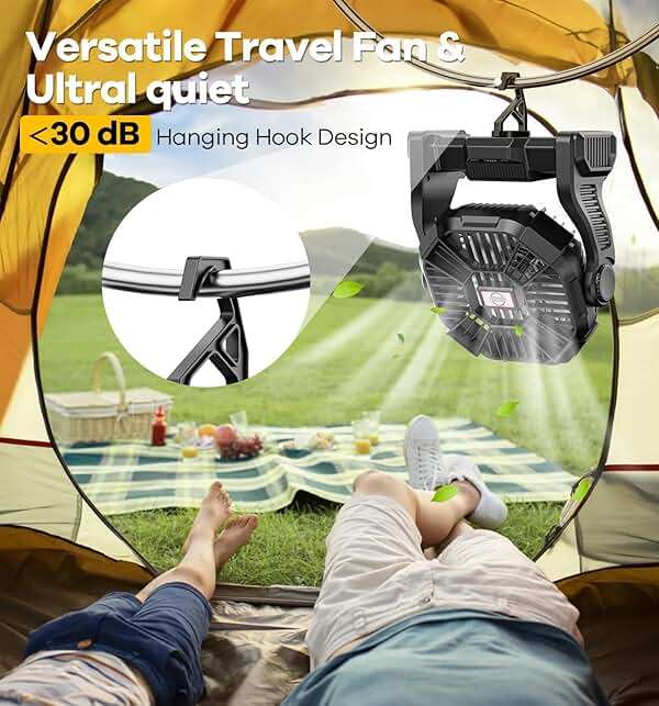 DOWILLDO 15000mAh Portable Battery Powered Camping Fan - with LED Light, Quiet Battery Operated, Camping Gear for Travel, Tent, Beach, Car or Hurricane Power Outages，Black - Image 7