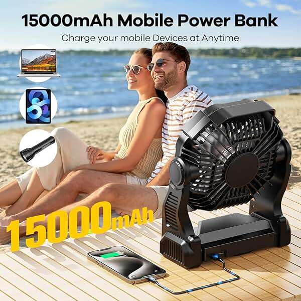 DOWILLDO 15000mAh Portable Battery Powered Camping Fan - with LED Light, Quiet Battery Operated, Camping Gear for Travel, Tent, Beach, Car or Hurricane Power Outages，Black - Image 8