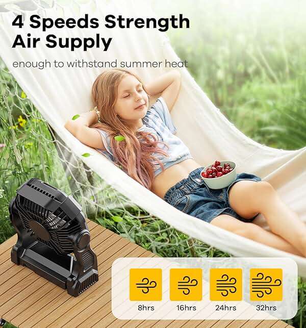 DOWILLDO 15000mAh Portable Battery Powered Camping Fan - with LED Light, Quiet Battery Operated, Camping Gear for Travel, Tent, Beach, Car or Hurricane Power Outages，Black - Image 9
