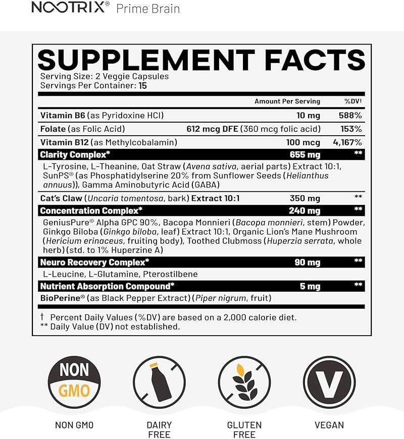 Nootrix Prime Brain Nootropic Supplement | 15 Day Supply | Supports Memory, Mental Focus, Cognitive Health & Energy | Promotes Healthy Mood & Brain Function | Ginkgo Biloba, Lion's Mane & L-Theanine - Image 8