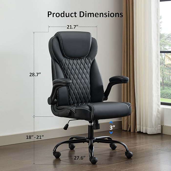 amseatec Office Chair, Executive PU Leather Chair Home Office Desk Chairs, Ergonomic Computer Desk Chair with Adjustable Flip-Up Arms, Lumbar Support Swivel Task Chair with Rocking Function (Black) - Image 2