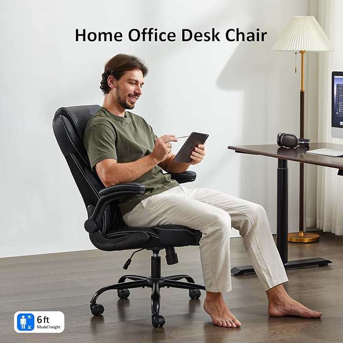 amseatec Office Chair, Executive PU Leather Chair Home Office Desk Chairs, Ergonomic Computer Desk Chair with Adjustable Flip-Up Arms, Lumbar Support Swivel Task Chair with Rocking Function (Black) - Image 3
