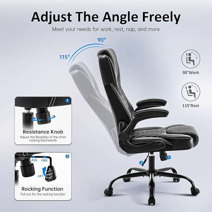 amseatec Office Chair, Executive PU Leather Chair Home Office Desk Chairs, Ergonomic Computer Desk Chair with Adjustable Flip-Up Arms, Lumbar Support Swivel Task Chair with Rocking Function (Black) - Image 4