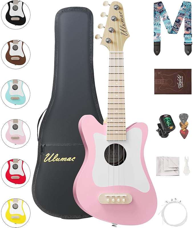 Ulumac Soprano Ukulele, Stylish Shape with White Pickguard Spruce 21.5 inch Ukelele Beginner Kit with Gig Bag, Digital Tuner, Replacing Strings, 3 Guitar Picks, Strap, Cloth, Pink, P005WPN - Image 1