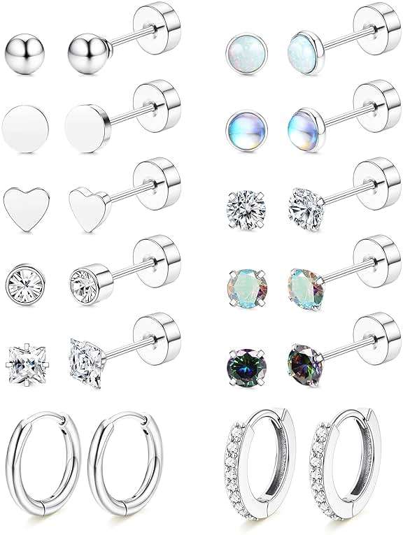LOLIAS Hypoallergenic Flat Back Earrings for Women-Surgical Steel Earrings for Sensitive Ears 20G Stainless Steel Earring Stacks Small Flatback Stud Hoop Cartilage Earring - Image 1