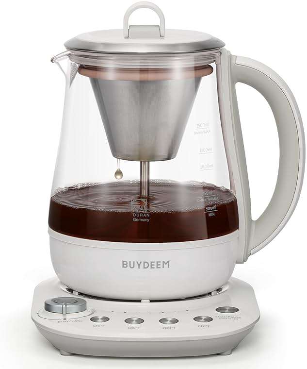 BUYDEEM K156 Tea Maker, Electric Kettle for Coffee and Tea Brewer, 6 Brew Strength Selection for Extracting, 4 Temperature Settings, Boil Dry Protection, 2 Hours Auto Keep Warm, Oat White, 1.5L/1.6QT - Image 1