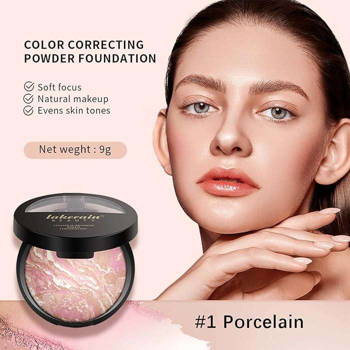 Baked Foundation Contour Bronzer, Powder Foundation Makeup Brighten, Face Highlighter Color Corrector Buildable Full Coverage Natural Smooth Lightweight, Porcelain - Image 2