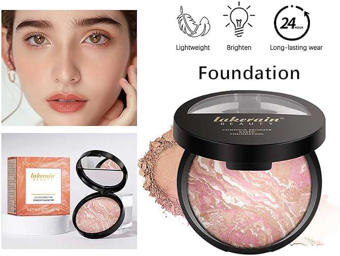 Baked Foundation Contour Bronzer, Powder Foundation Makeup Brighten, Face Highlighter Color Corrector Buildable Full Coverage Natural Smooth Lightweight, Porcelain - Image 3