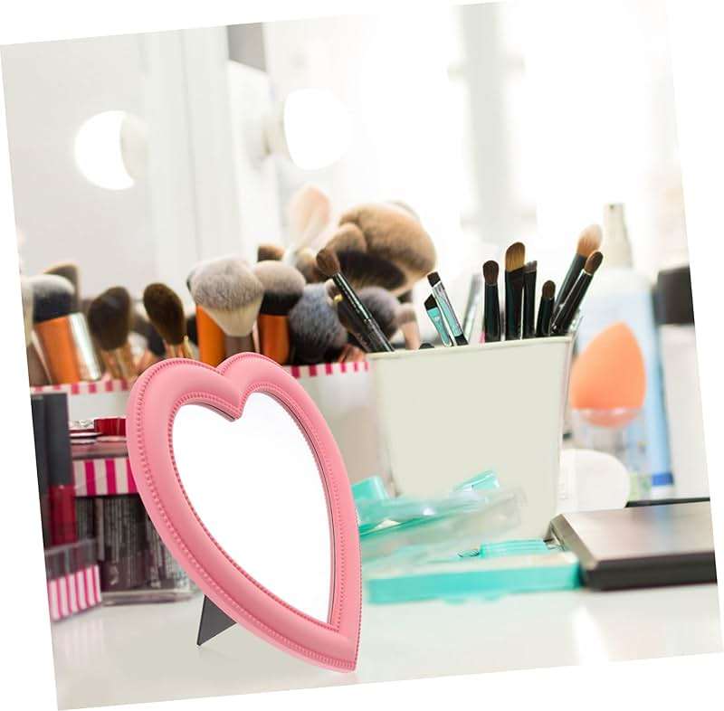 Housoutil Pink Heart Wall Mirror Makeup Mirror Wall Decor Dual Use Desktop High Definition Glass - Image 2