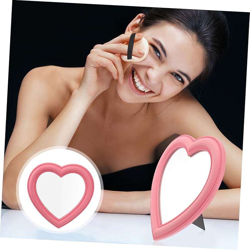 Housoutil Pink Heart Wall Mirror Makeup Mirror Wall Decor Dual Use Desktop High Definition Glass - Image 4
