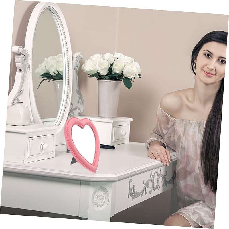Housoutil Pink Heart Wall Mirror Makeup Mirror Wall Decor Dual Use Desktop High Definition Glass - Image 5