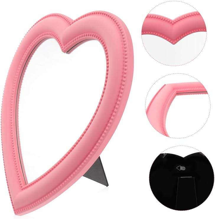 Housoutil Pink Heart Wall Mirror Makeup Mirror Wall Decor Dual Use Desktop High Definition Glass - Image 9
