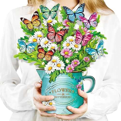 Airpark 3D Pop Up Paper Flowers Bouquet Card 12’‘ with Note & Envelope, Birthday Gifts, Get Well, Thank You, Greeting Cards for Women Mom Wife Friends, Daisies and Butterflies - Image 1