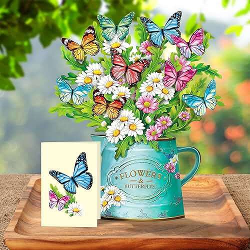 Airpark 3D Pop Up Paper Flowers Bouquet Card 12’‘ with Note & Envelope, Birthday Gifts, Get Well, Thank You, Greeting Cards for Women Mom Wife Friends, Daisies and Butterflies - Image 2