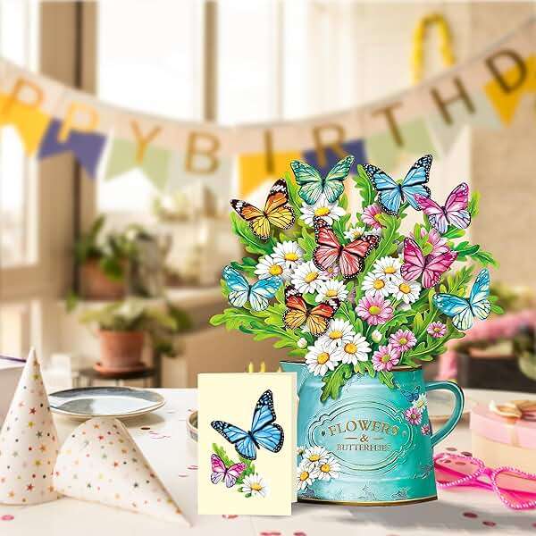 Airpark 3D Pop Up Paper Flowers Bouquet Card 12’‘ with Note & Envelope, Birthday Gifts, Get Well, Thank You, Greeting Cards for Women Mom Wife Friends, Daisies and Butterflies - Image 3