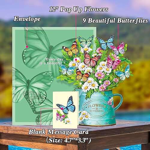 Airpark 3D Pop Up Paper Flowers Bouquet Card 12’‘ with Note & Envelope, Birthday Gifts, Get Well, Thank You, Greeting Cards for Women Mom Wife Friends, Daisies and Butterflies - Image 4