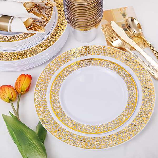 WELLIFE 175Pcs Gold Dinnerware Sets, Include:25 Dinner Plates, 25 Dessert Plates, 25 Paper Napkins, 25 Cups, 25 Plastic Cutlery Set - Image 5