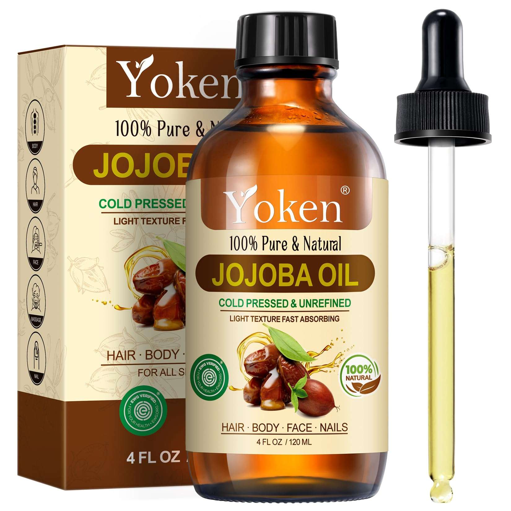 Yoken 4oz Jojoba Oil (EWG Verified) 100% Pure Cold Pressed Jojoba Oil for Face, Hair, Nails and Skin, Unrefined & Hexane Free, Natural Body Facial Moisturizer Multi-purpose oil Base Carrier Oil - Image 1