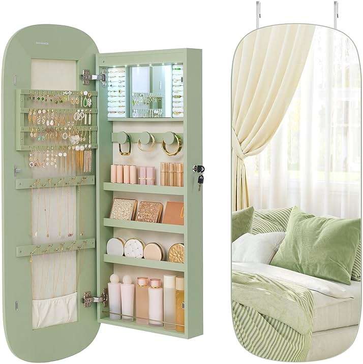 SONGMICS Jewelry Organizer, LED Jewelry Cabinet Wall/Door Mounted, Lockable Rounded Wide Mirror with Storage, Interior Mirror, 3.9 x 16.5 x 42.5 Inches, Laurel Green Surface with Cream White Lining - Image 1