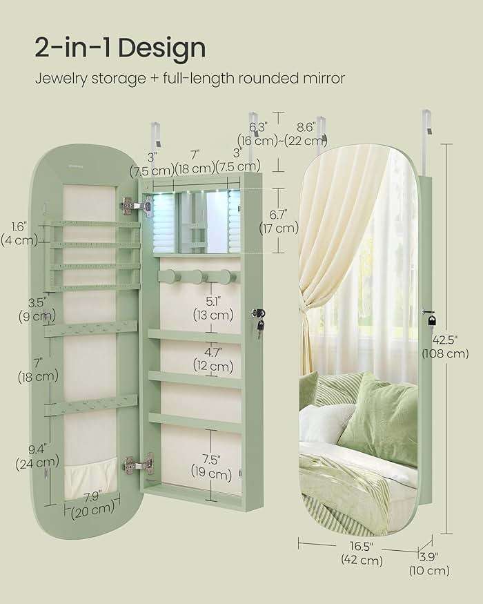 SONGMICS Jewelry Organizer, LED Jewelry Cabinet Wall/Door Mounted, Lockable Rounded Wide Mirror with Storage, Interior Mirror, 3.9 x 16.5 x 42.5 Inches, Laurel Green Surface with Cream White Lining - Image 2