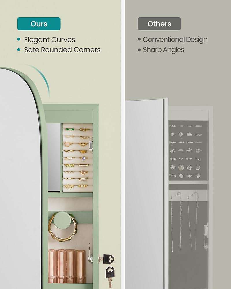 SONGMICS Jewelry Organizer, LED Jewelry Cabinet Wall/Door Mounted, Lockable Rounded Wide Mirror with Storage, Interior Mirror, 3.9 x 16.5 x 42.5 Inches, Laurel Green Surface with Cream White Lining - Image 4